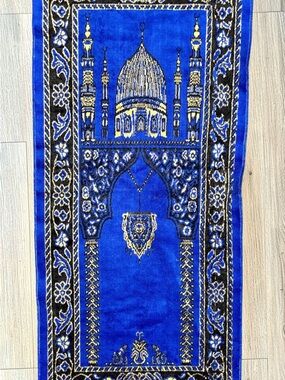 Vintage Turkish Prayer Rug Tapestry Wall Hanging Blue Gold Vintage Decor 2x3.5ft
